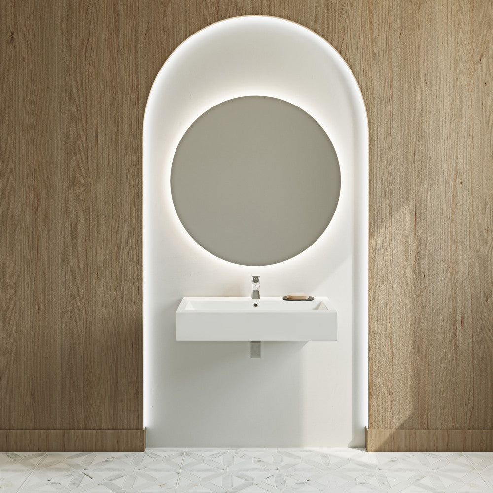 Wide rectangular wall-mount bathroom sink in shiny white with single faucet hole.