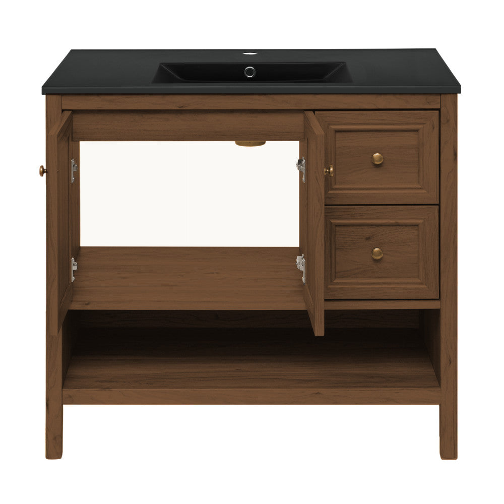 Chateau 36" Freestanding Bathroom Vanity in Brown Oak with Black Sink Top