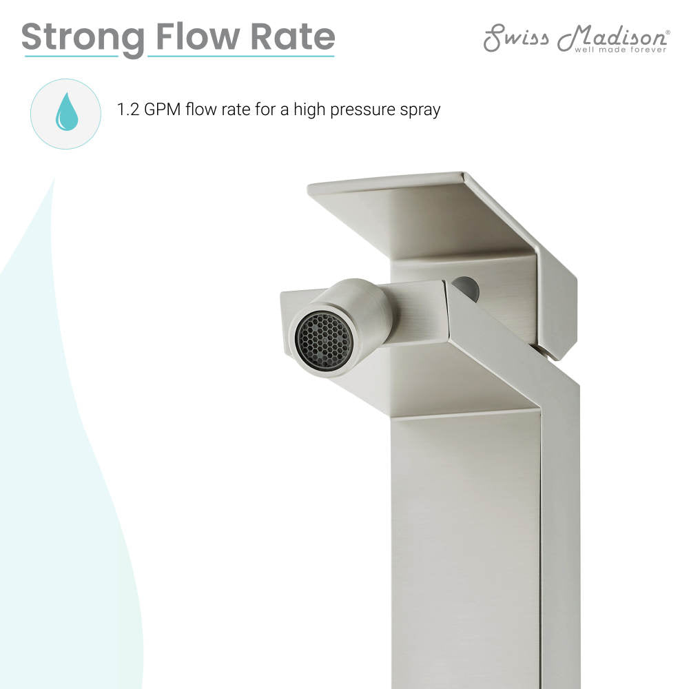 Single-handle bidet faucet in nickel finish with angled spout and modern square base.