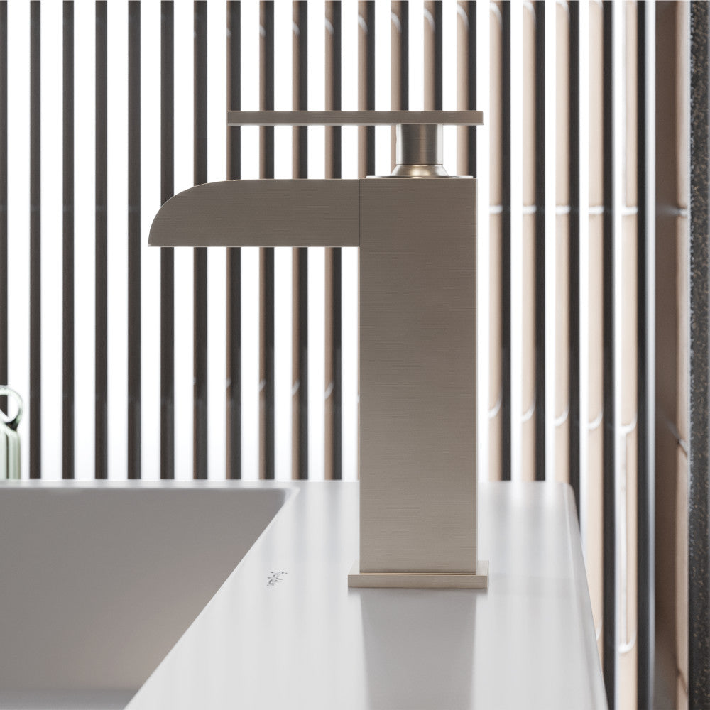 Single-handle waterfall bathroom faucet in brushed nickel, modern square design.