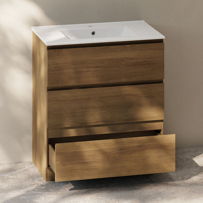 Liberte 30" Freestanding Bathroom Vanity in Brown Oak with Sink Top
