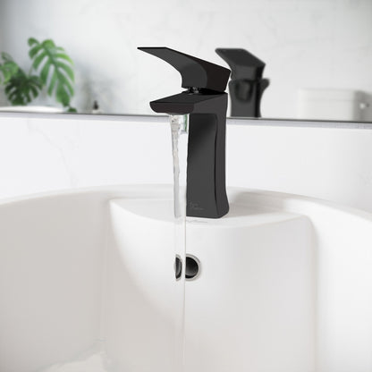 Single-handle bathroom faucet in matte black with sleek, modern angular design and water flowing from spout.