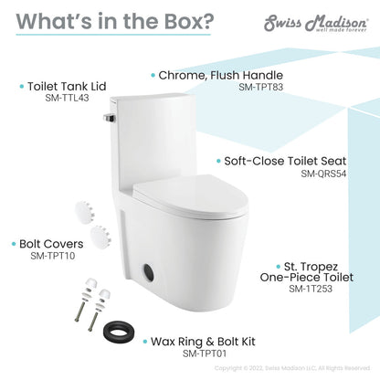 Elongated one-piece toilet, side flush, soft-close seat, chrome handle, compact design.