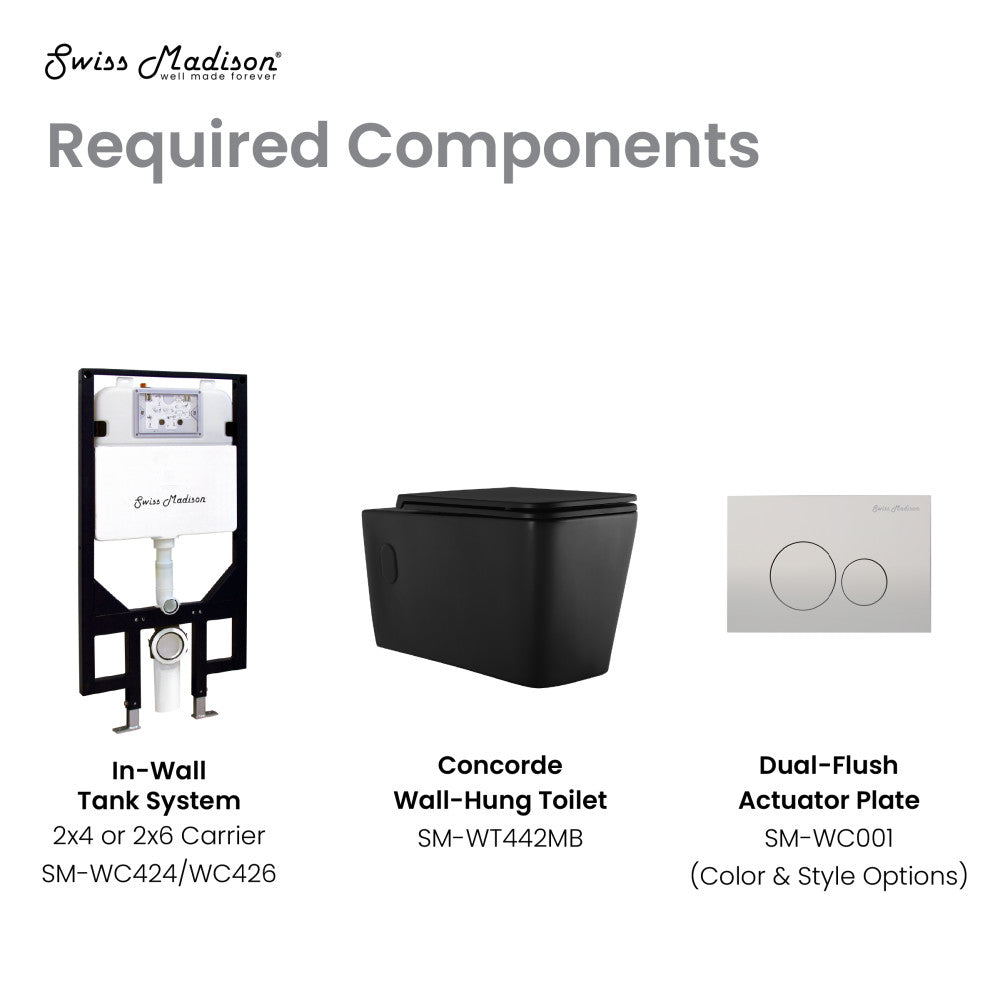 Matte black wall-hung toilet bowl with dual-flush actuator plate and concealed tank system.