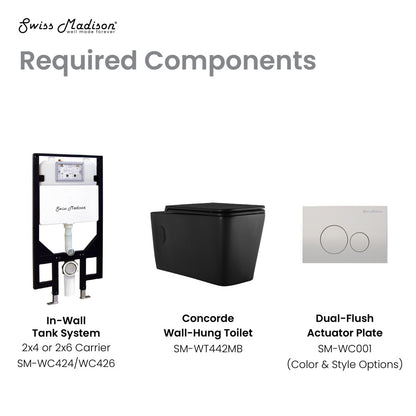 Matte black wall-hung toilet bowl with dual-flush actuator plate and concealed tank system.