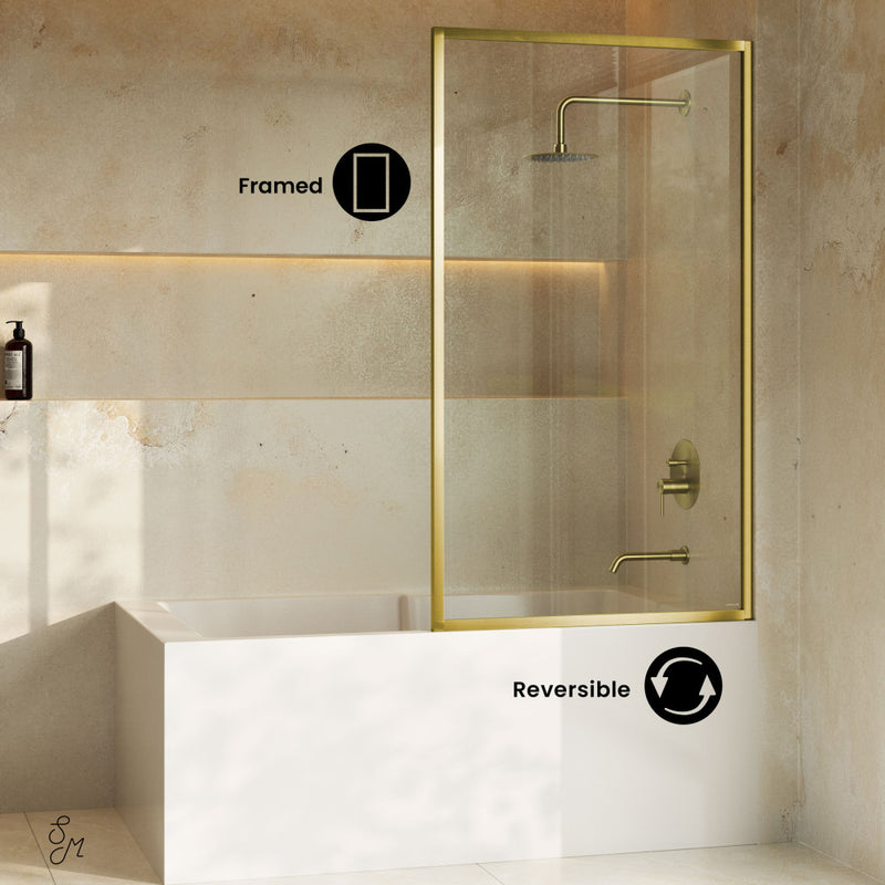 Pierre 34 x 58 Framed Fixed 3/8 in. (10mm) Clear Tempered Glass Tub Door with Brushed Gold Frame