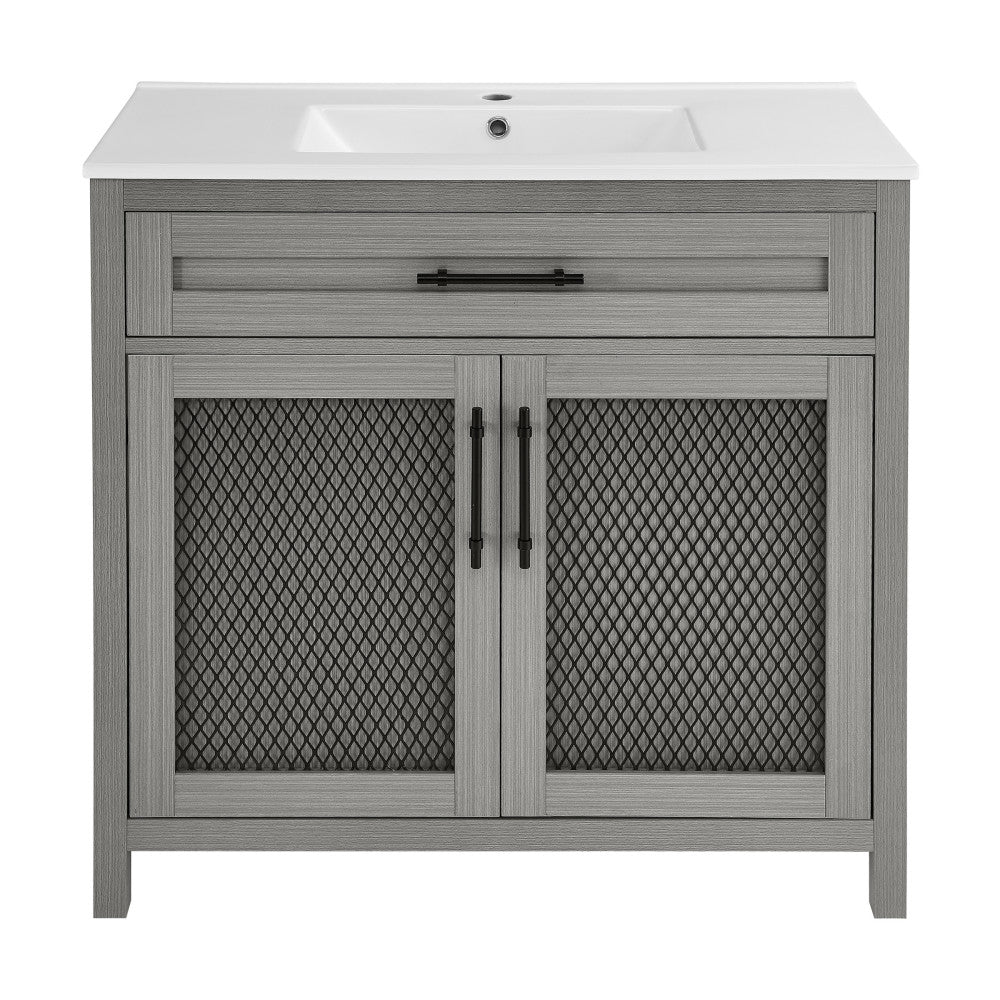 36-inch freestanding bathroom vanity in carbon gray with mesh cabinet doors and white sink top.
