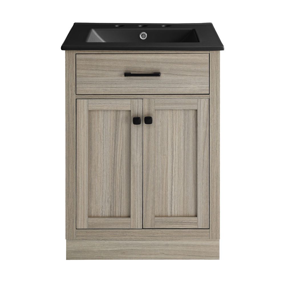 Burdon 24 in. Brown Oak Bathroom Vanity With Black, 3-Hole Ceramic Sink Top