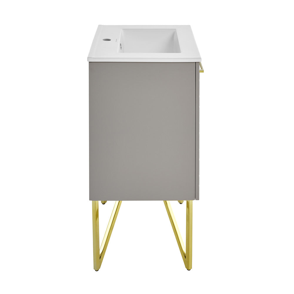 24-inch freestanding bathroom vanity in diamond gray with white sink top, gold metal legs, soft-close doors.
