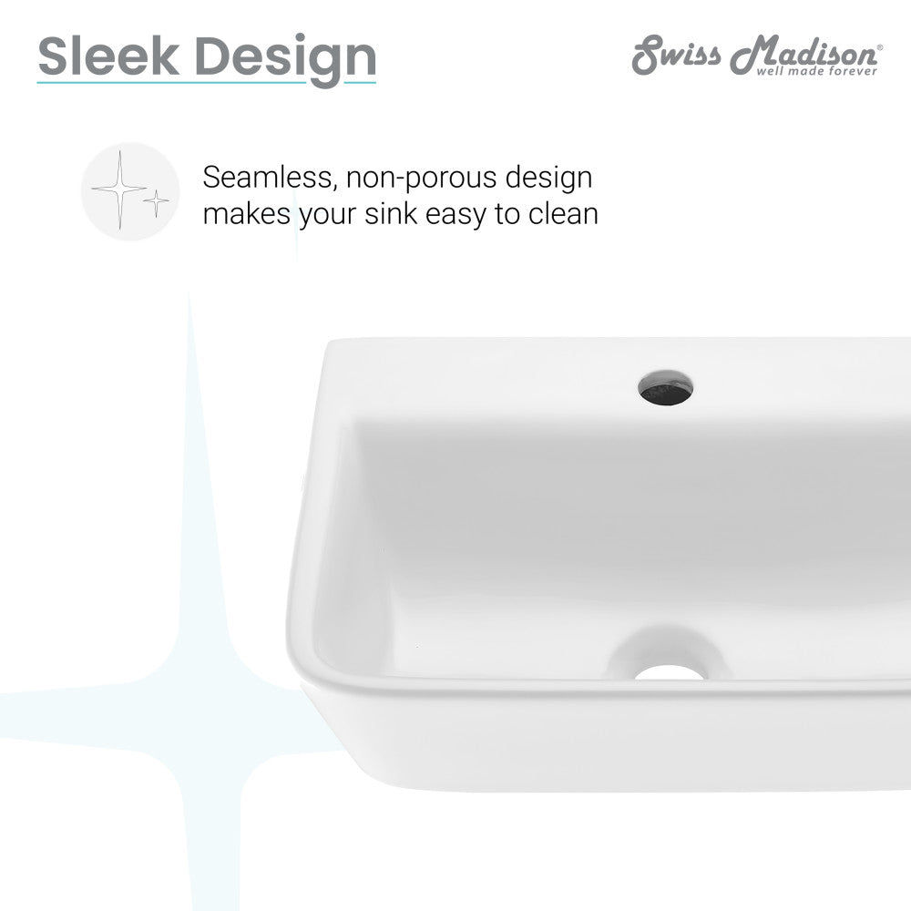 White rectangular wall-mount bathroom sink with smooth edges and single faucet hole.
