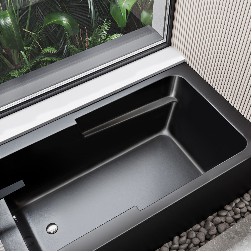 Alcove apron-front bathtub 54 inch, soaking, left-hand drain, matte black finish.
