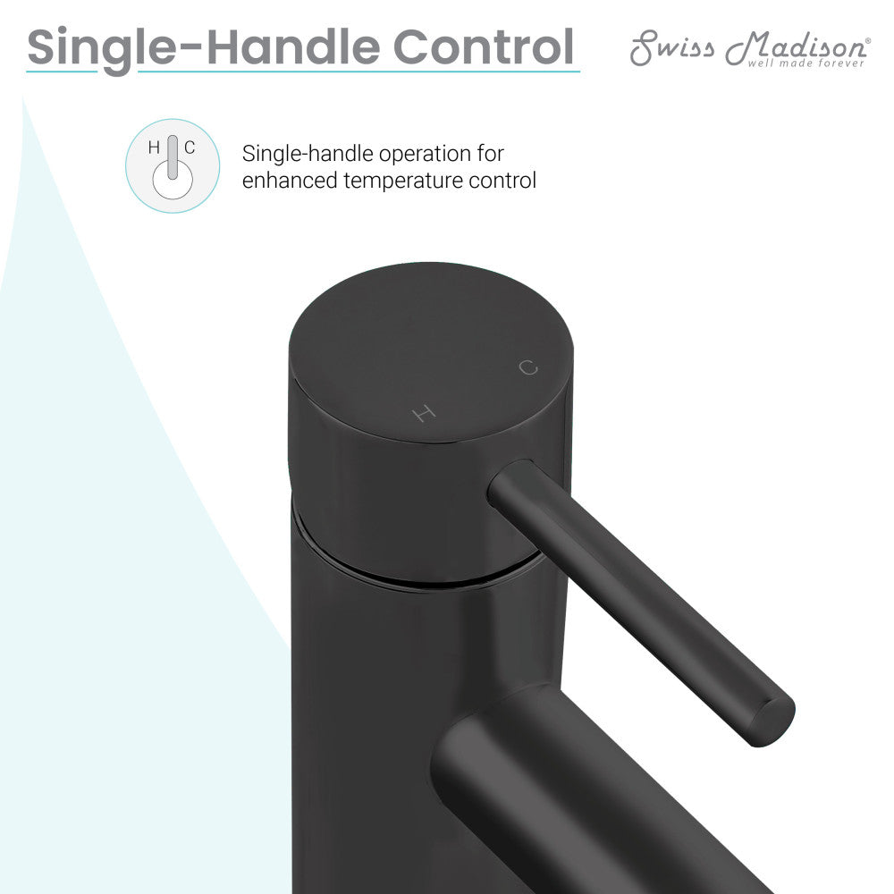 Single-handle bathroom faucet in matte black, high arc spout, cylindrical design.