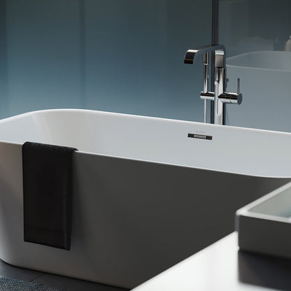 Freestanding soaking bathtub 67 inch in matte black and white with chrome floor-mounted faucet.