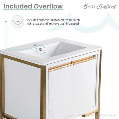24-inch freestanding bathroom vanity in white with brushed gold frame, single sink, soft-close doors.