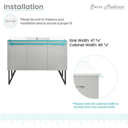 48-inch freestanding bathroom vanity in gray with single sink and soft-close doors.