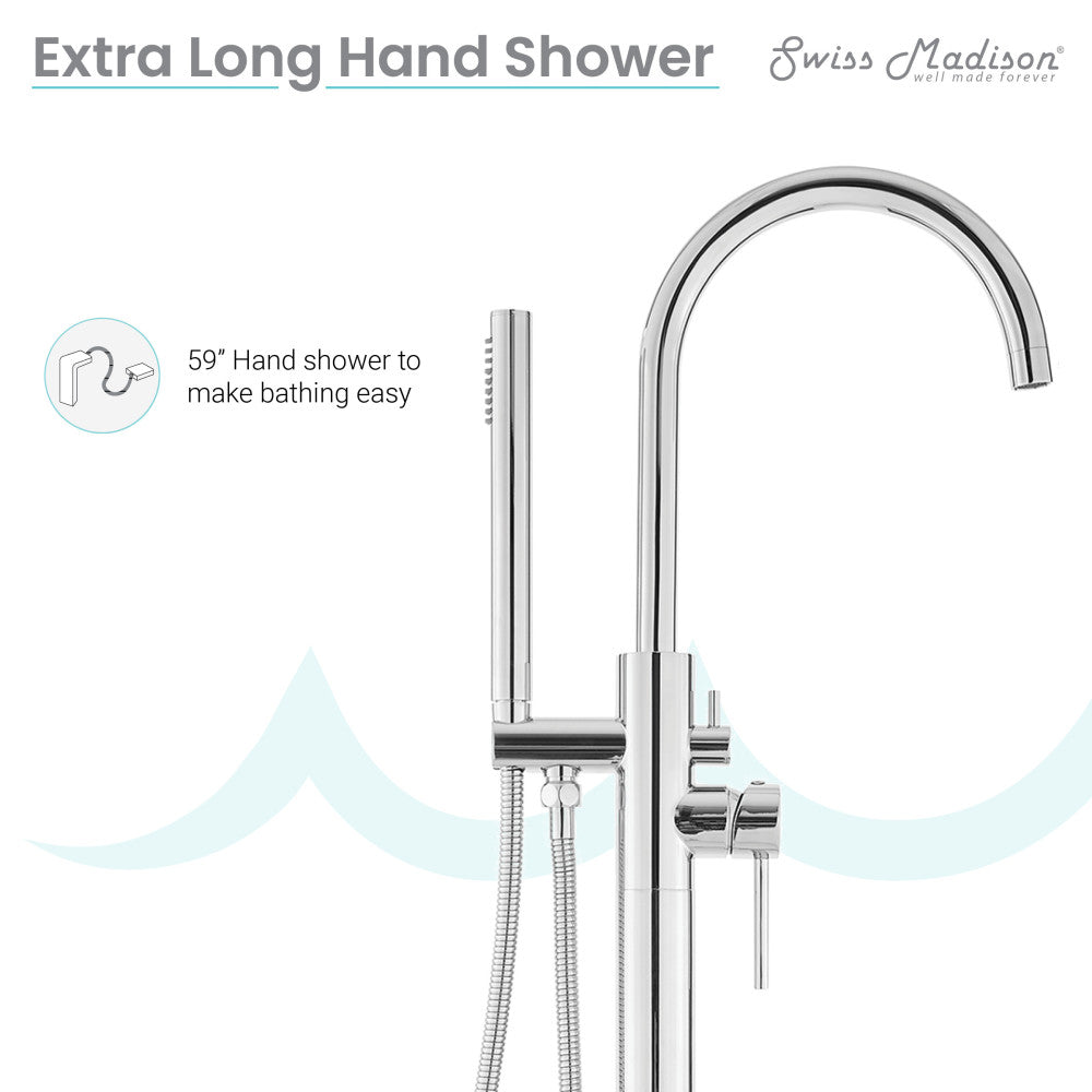 Freestanding bathtub faucet in chrome with high-arc spout and single handle lever.