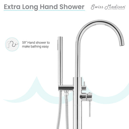 Freestanding bathtub faucet in chrome with high-arc spout and single handle lever.