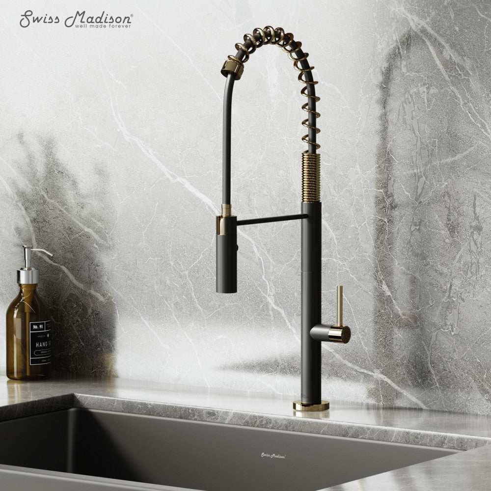 Chalet Single Handle, Pull-Down Kitchen Faucet in Brushed Gold and Black