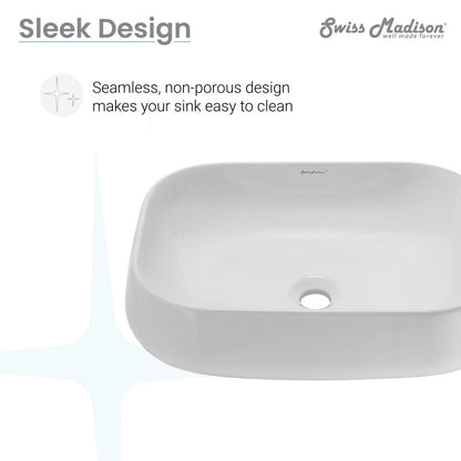 Square white ceramic vessel sink with seamless design and center drain.