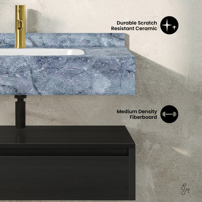 Avancer 36" Wall-Mounted Bathroom Vanity in Black Oak with Blue Celeste Sink Top