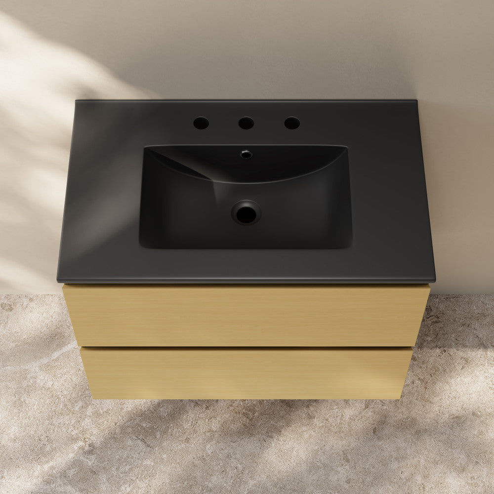 Liberte 30" Wall-Mounted Bathroom Vanity in Natural Oak with Black 3-Hole Widespread Sink Top