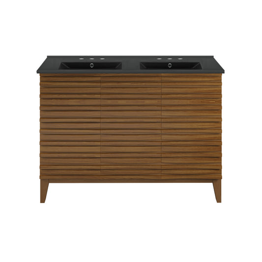 Cascade 48 in. Brown Oak, Double Basin Bathroom Vanity With Black, 3-Hole Centerset Ceramic Sink Top
