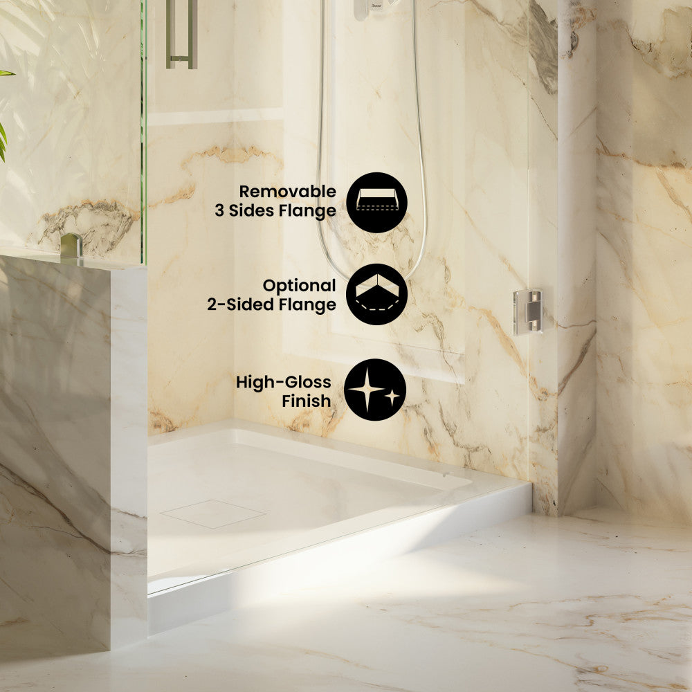 Marquette 42" x 34" Single or Double-Threshold Shower Pan Base with Center Drain and Removable Flange in Glossy White