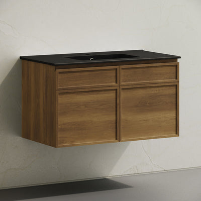 St. Tropez 36" Wall-Mounted Bathroom Vanity in Brown Oak with Black Sink Top