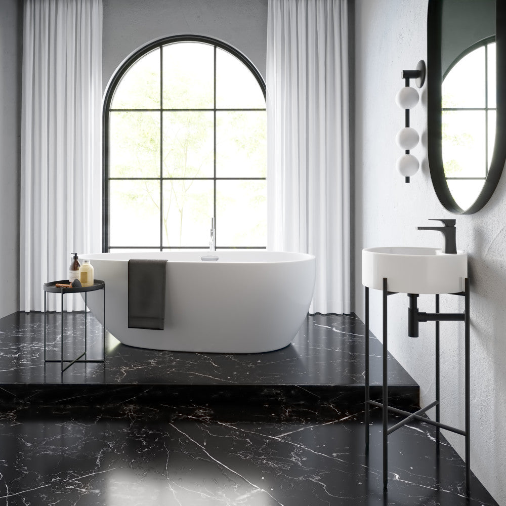 16" round console sink with white basin and matte black legs, faucet mount bathroom sink.