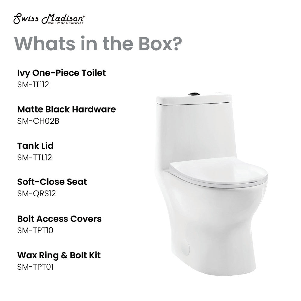 Elongated one-piece toilet with dual vortex flush and matte black hardware, soft-close seat.