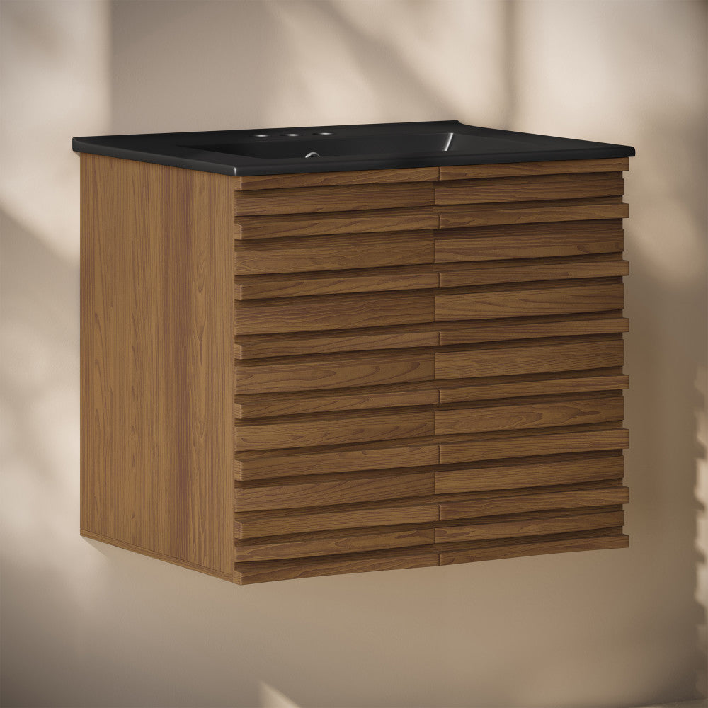 Cascade 24" Wall-Mounted Bathroom Vanity in Brown Oak with Black 3-Hole Centerset Sink Top