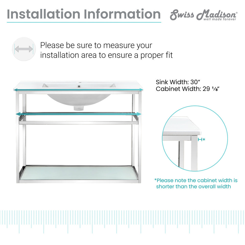 30-inch wall-mount bathroom vanity with chrome metal frame and open lower shelf.