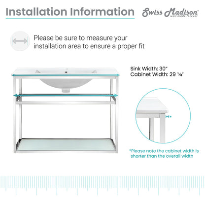 30-inch wall-mount bathroom vanity with chrome metal frame and open lower shelf.