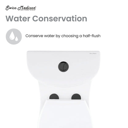Elongated one-piece toilet with dual flush, white with black flush buttons, sleek and modern design.