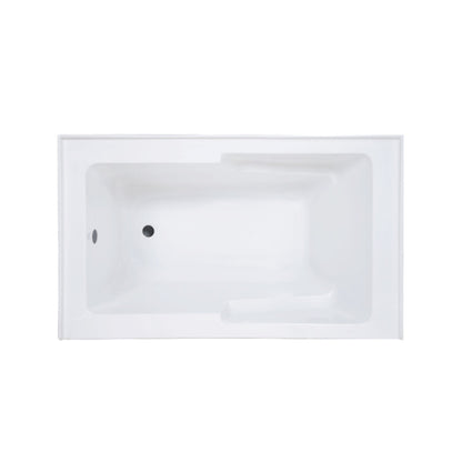 Glossy white alcove skirted soaking bathtub with integrated armrest, left drain, rectangular shape, apron front.