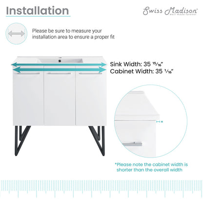 36-inch freestanding white bathroom vanity with single sink and soft-close doors.