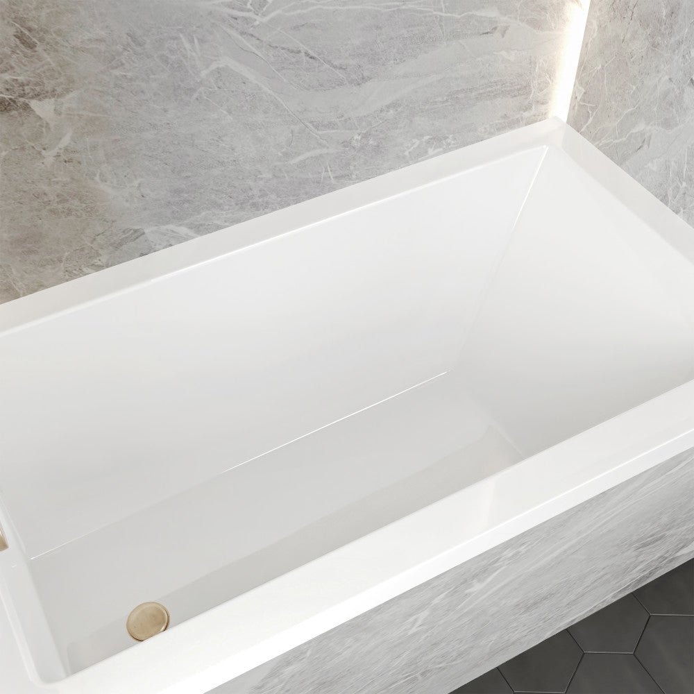 Alcove soaking bathtub 54 x 30 inches in glossy white, left drain, non-skirted design.