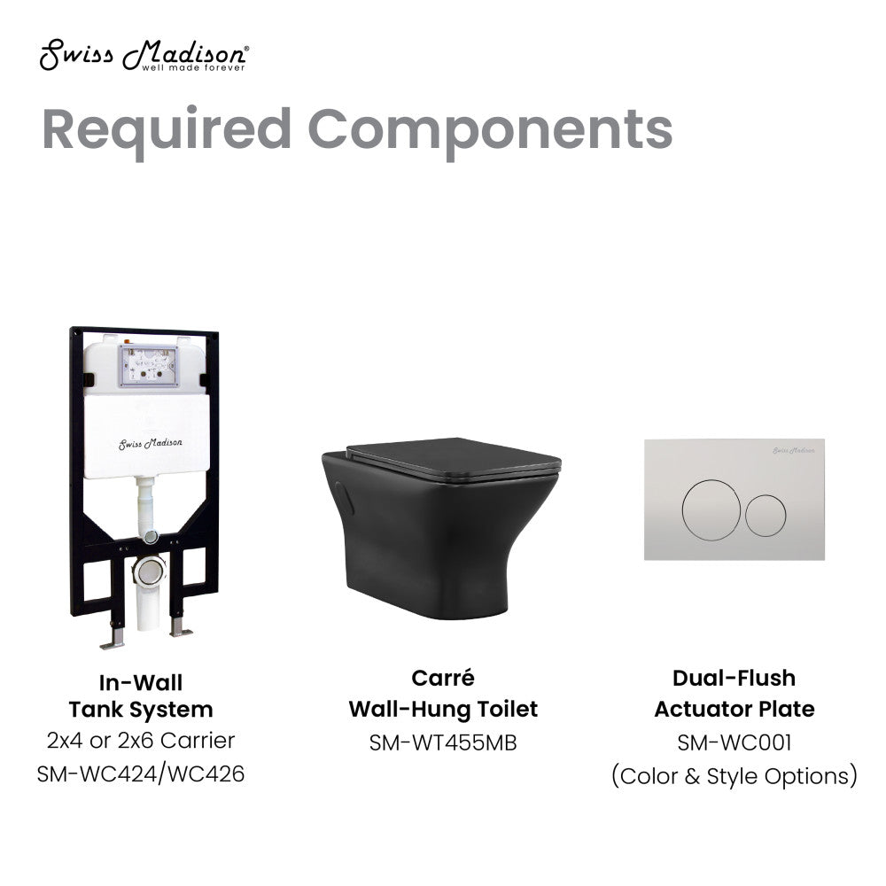 Elongated wall-hung toilet bowl in matte black with dual-flush actuator plate and in-wall tank system.