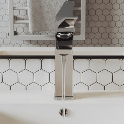 Single-handle bathroom faucet in chrome, sleek modern design with a square base and rounded spout.