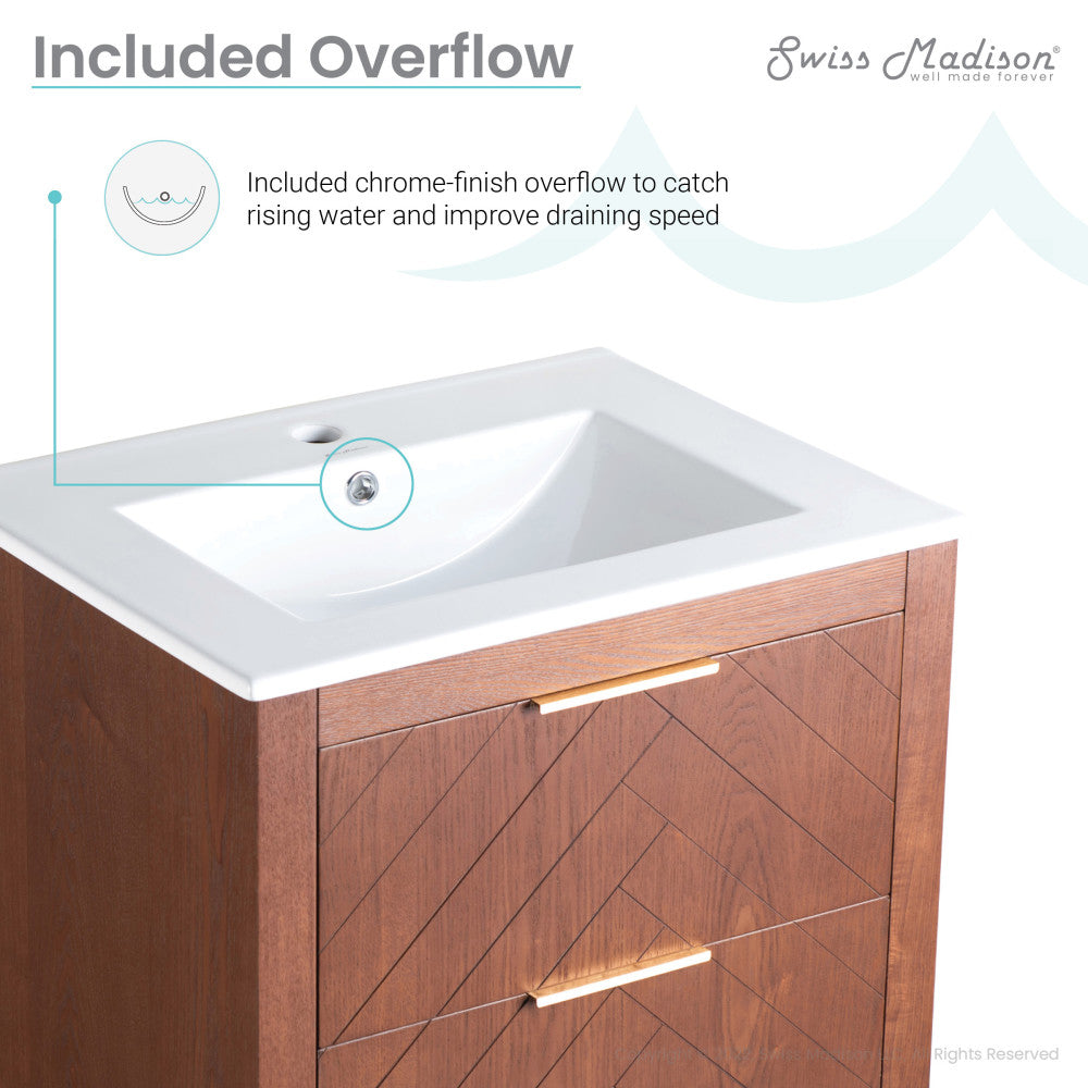 24-inch freestanding bathroom vanity in brown oak with single sink and gold-tone handles.