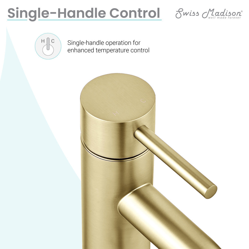 Single-handle high arc bathroom faucet in brushed gold with sleek cylindrical design and lever handle.