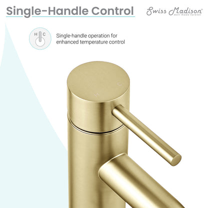Single-handle high arc bathroom faucet in brushed gold with sleek cylindrical design and lever handle.
