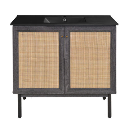 Classe 36" Freestanding Bathroom Vanity in Black Oak with Black Sink Top