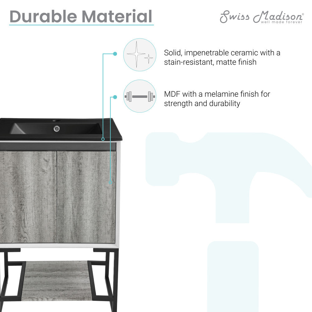 Marseille 24 in. Gray Oak Bathroom Vanity With Black Ceramic Sink Top