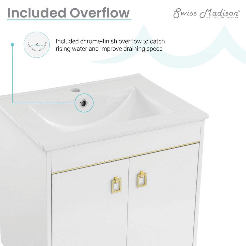 24-inch freestanding bathroom vanity in white with single sink and gold-tone hardware handles.