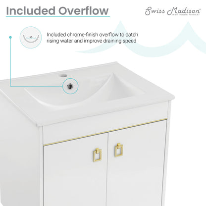 24-inch freestanding bathroom vanity in white with single sink and gold-tone hardware handles.