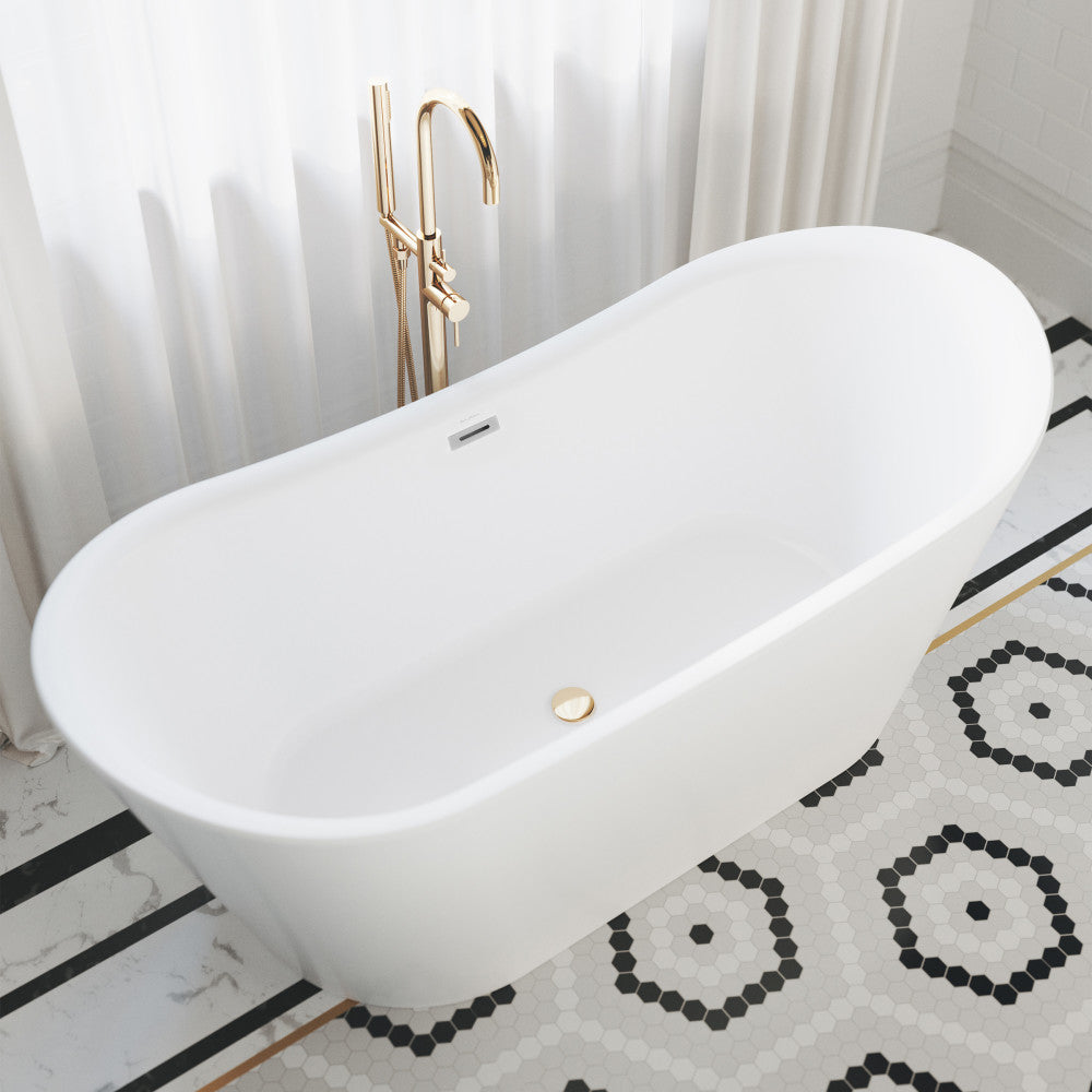 Freestanding soaking bathtub 67 inch in white with gold drain and floor-mounted gold faucet.