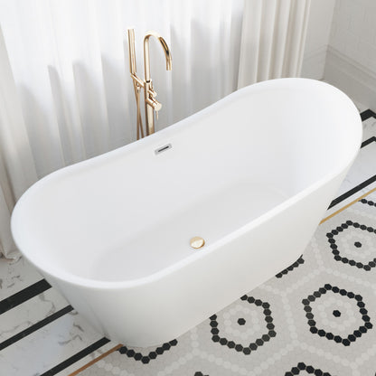 Freestanding soaking bathtub 67 inch in white with gold drain and floor-mounted gold faucet.