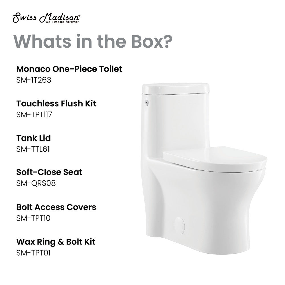 Elongated one-piece toilet with dual-flush and touchless operation in white ceramic.
