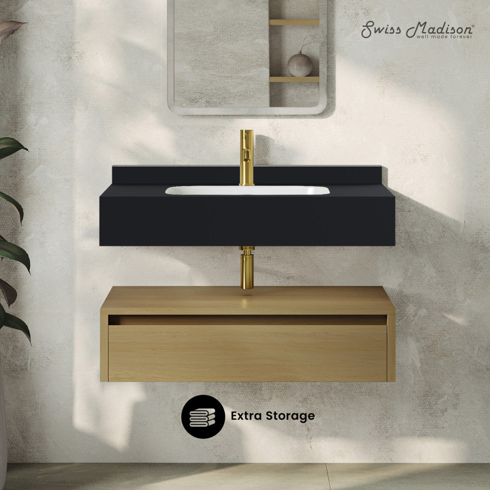 Avancer 36" Wall-Mounted Bathroom Vanity in Natural Oak with Black Marble Sink Top